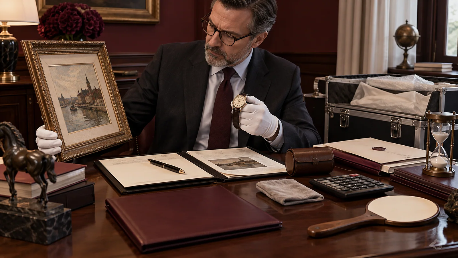 An auction specialist reviews collectibles with fee and shipping materials