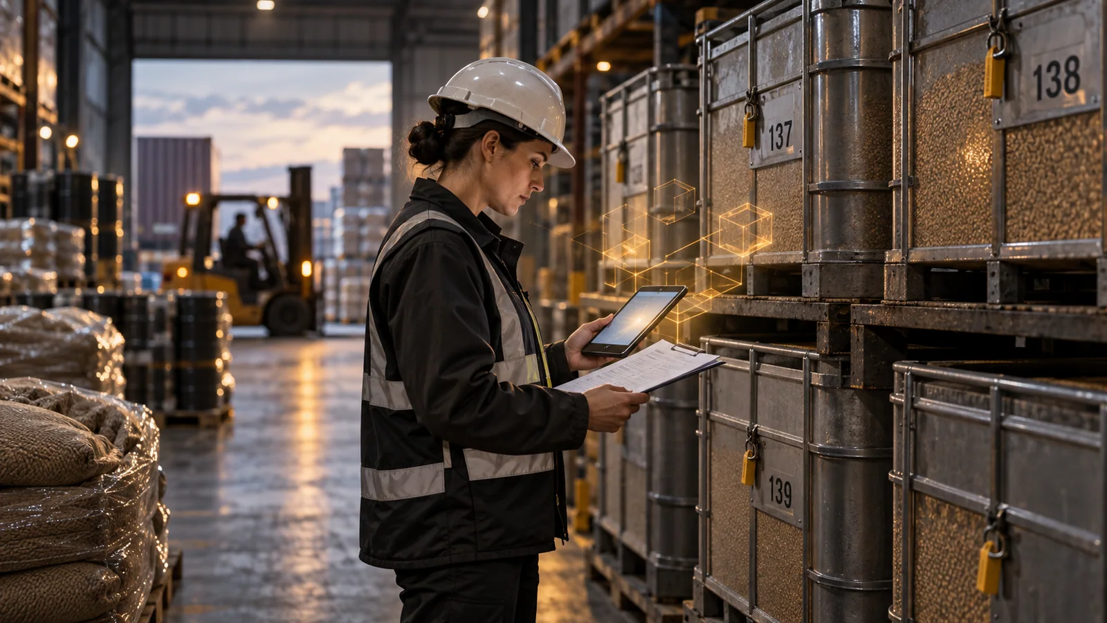 An auditor checks sealed commodity inventory in a warehouse